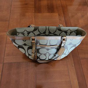 Coach F13097 Signature Jacquard Khaki Leather Trim Shoulder Bag W/ Purple Liner